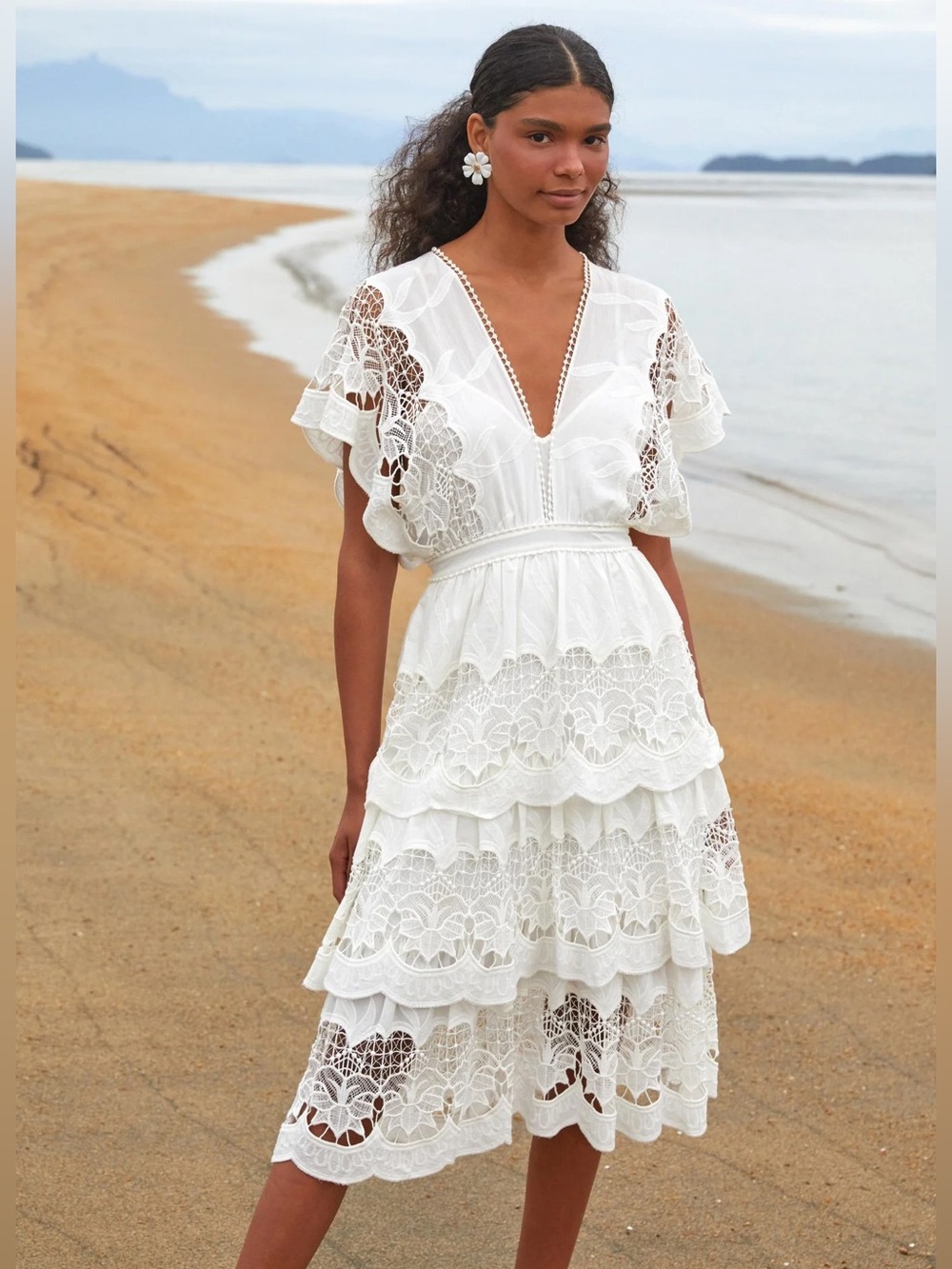 πΏβ¨ FARM Rio size L Off-White Richelieu Midi Dress β¨πΏ - Picture 3 of 12